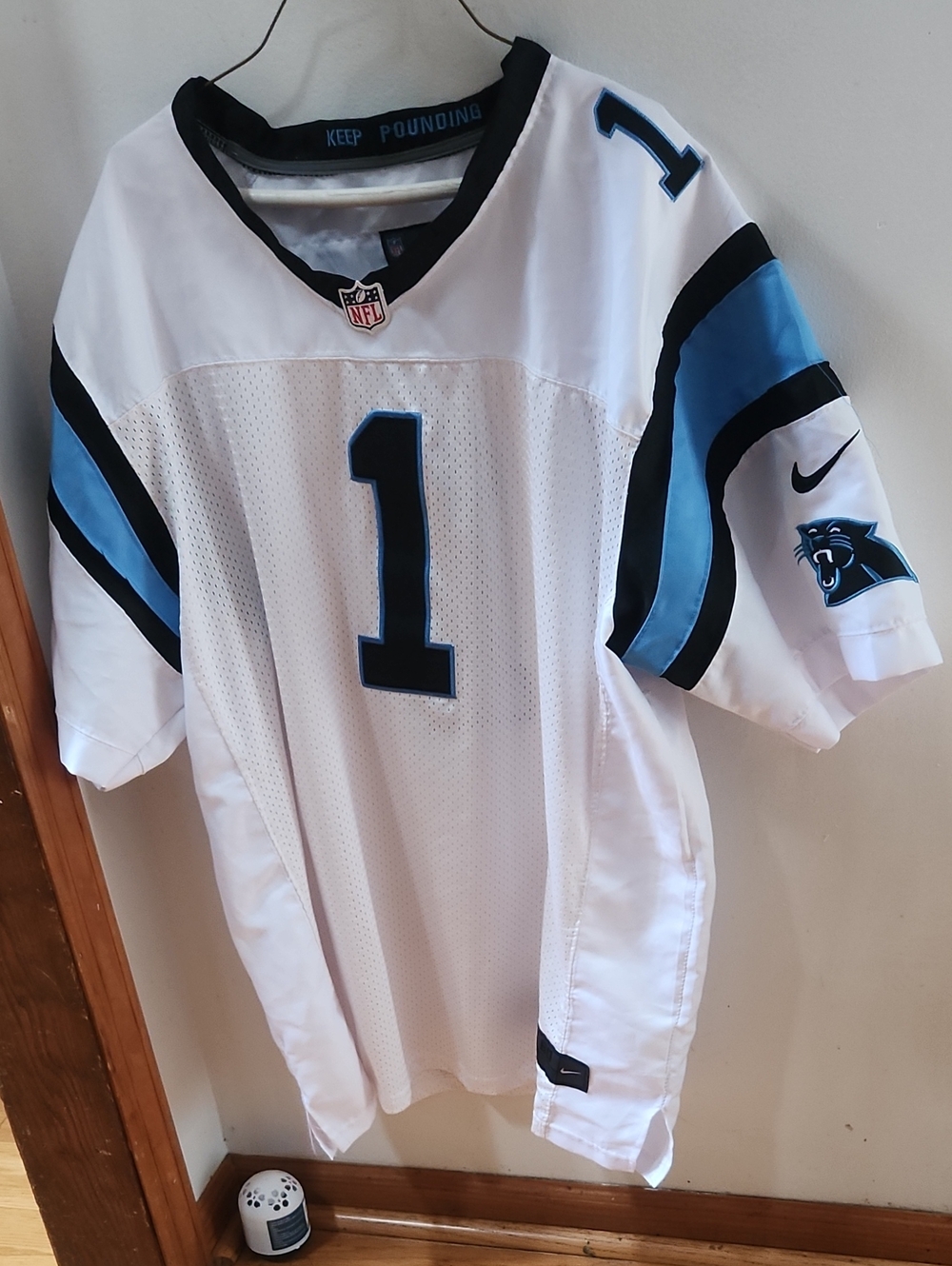 Nike White Carolina Panthers #1 Football Jersey with Blue and Black Accents
